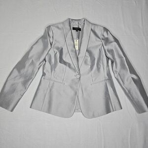 Talbots‎ Gray Silver Metallic Career Blazer Jacket Size 2 Petite Silk Cotton NWT